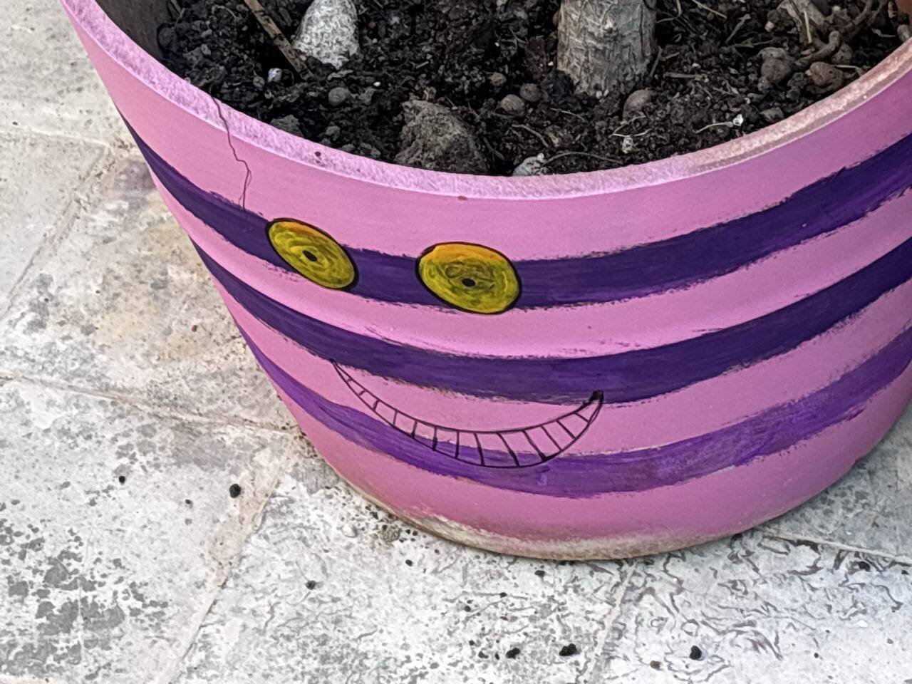 Maceta pintada con sonrisa traviesa del Gato de Cheshire