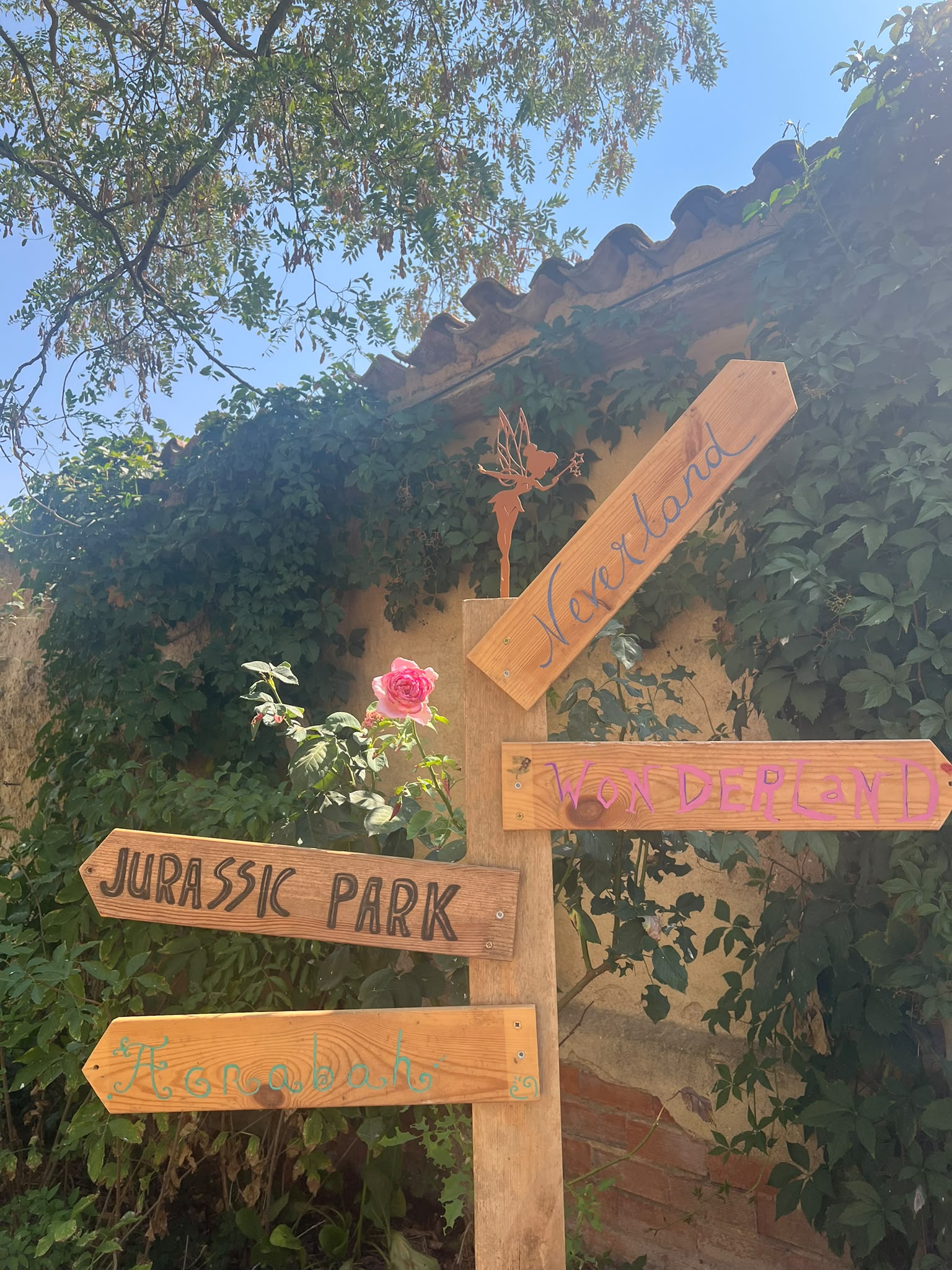 Cartel de madera que indica Jurassic Park, Wonderland y Neverland en el jardín